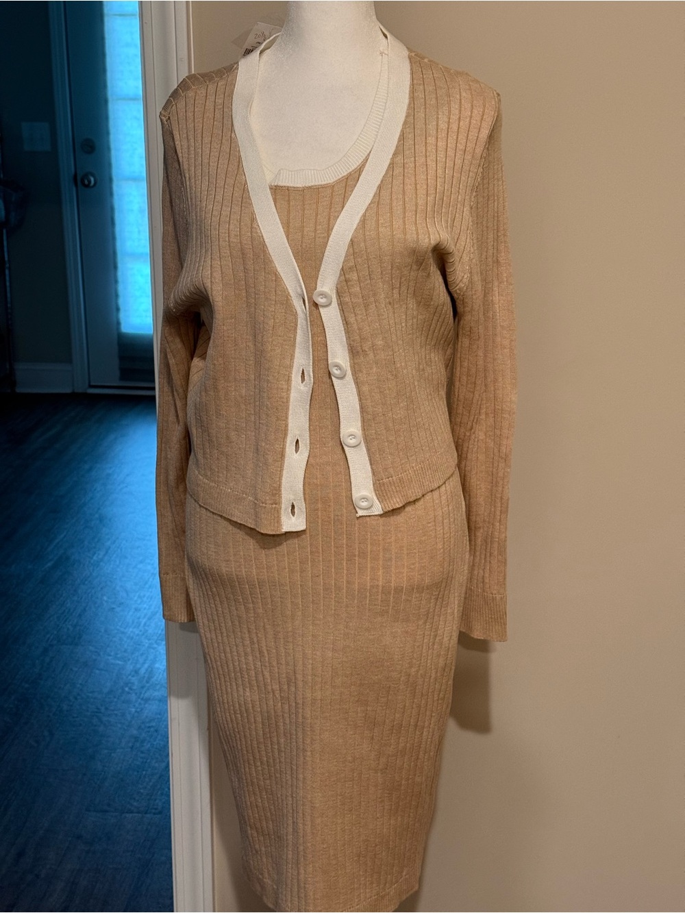 Cato Beige Ribbed Knit Skirt Set with Cream Trim